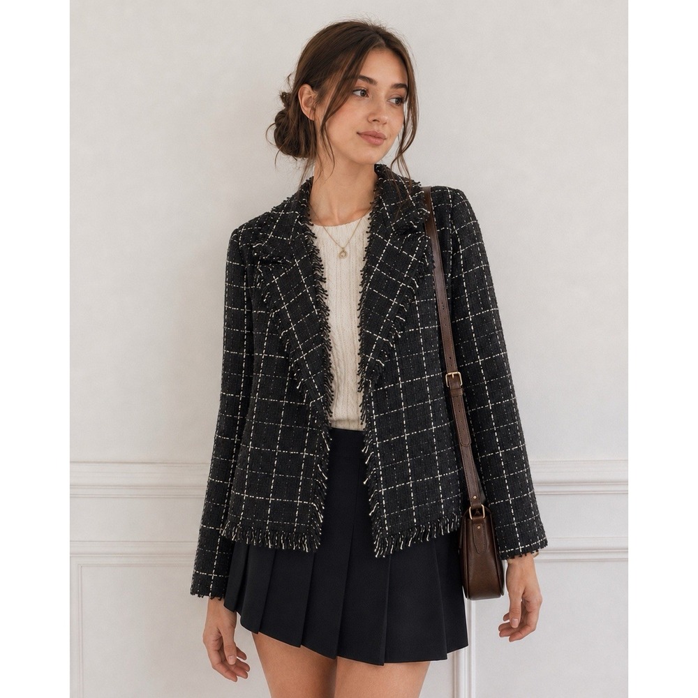 Courtenay Classiccore Plaid Tweed Blazer Jacket Women XL Frayed Hem Old Money